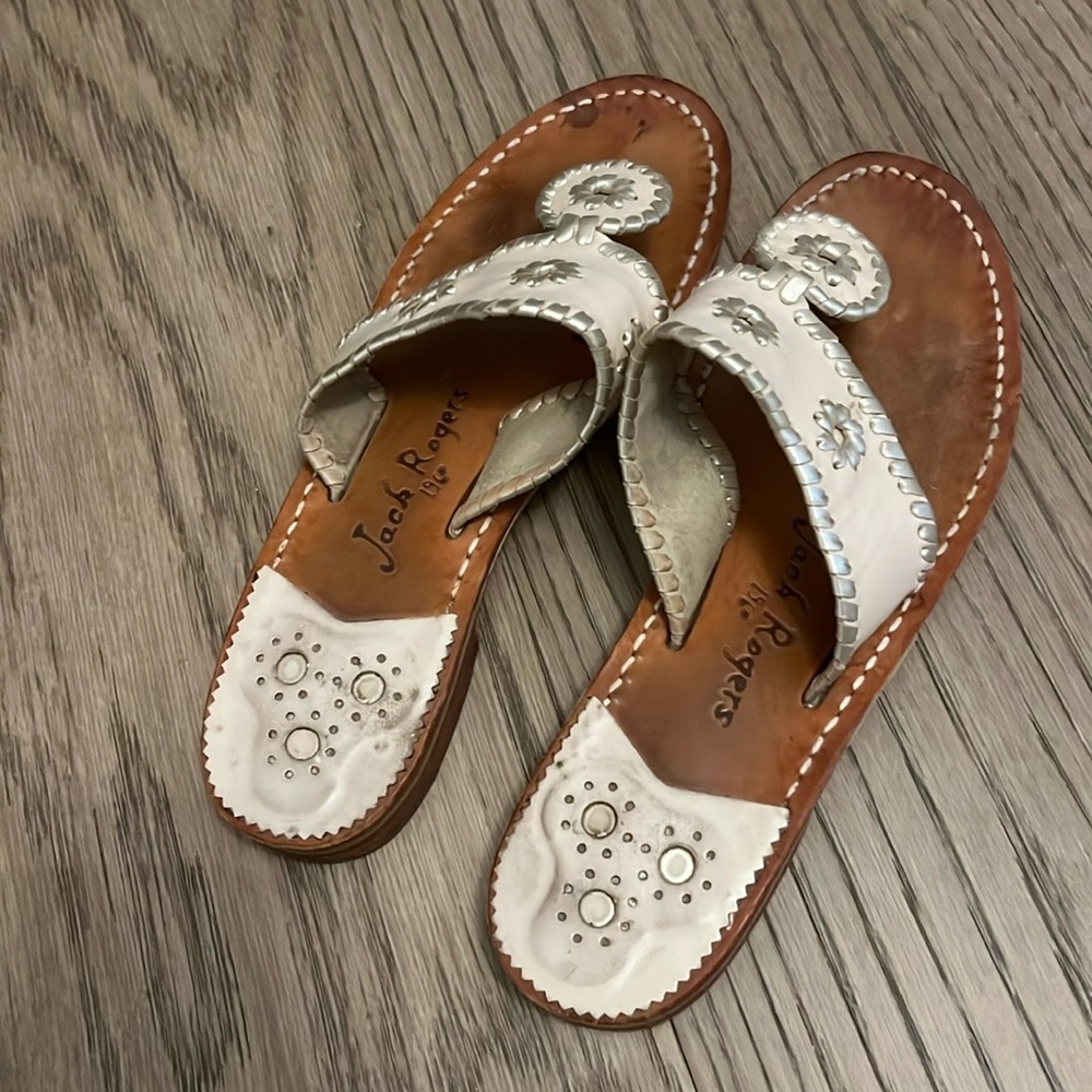 Jack Rogers flat sandals in ivory leather with metallic border